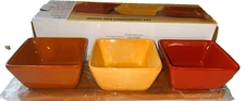 4 PCS Condiment Dip Set 3 - 5" Ceramic Square Bowls Bamboo Serving Tray Colorful