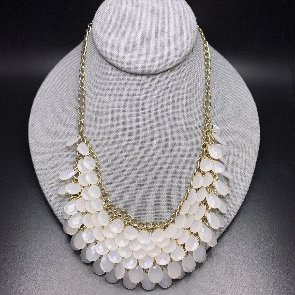 Bib Cluster Statement Necklace White Acrylic Teardrop Gold Tone