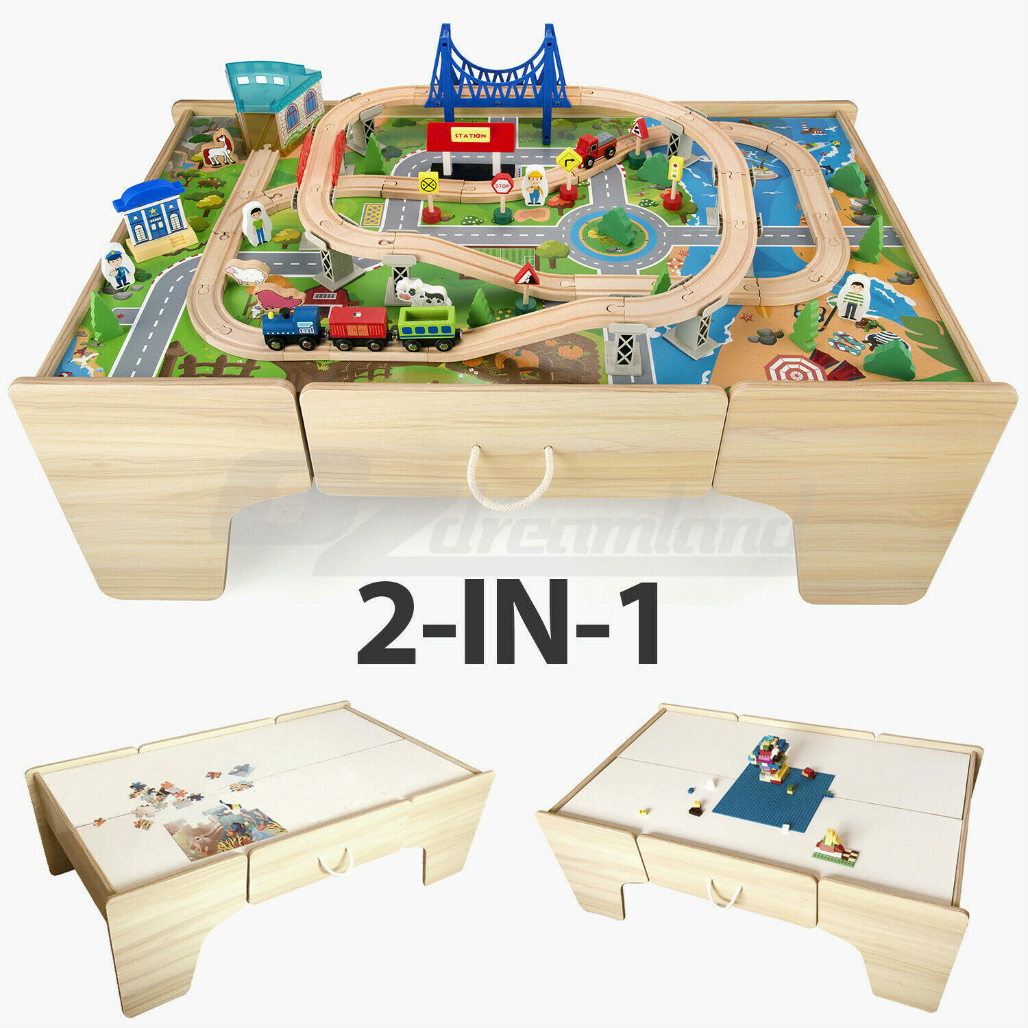Kids Wooden Train Railway Activity Track Set Play Table with Storage Drawer 80PC
