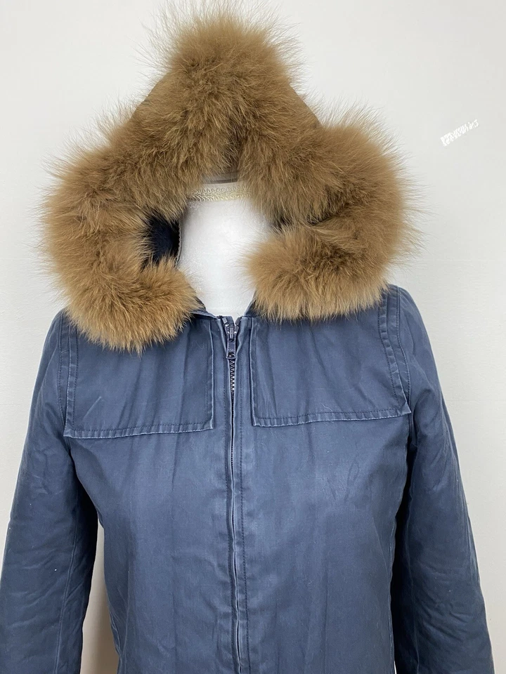 A.P.C. Damen S/36 Parka Jacke Baumwolle Fuchs Pelz Fleece Gefüttert Navy - Bild 2 von 4