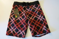 Micros Boys Size 7 Board Shorts Red Black Stretch Plaid Lava Micros Boys Size 7 Board Shorts Red Black Stretch Plaid Lava