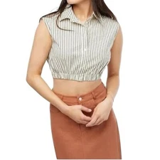 WeWoreWhat Crop Popover Button Down Collared Striped Tank Top Shirt NWT Small