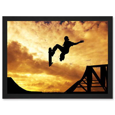 Sunset Skateboard Silhouette Half Pipe Framed A3 Wall Art Print