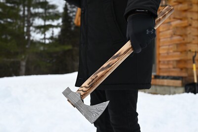 Hand Forged Viking Damascus Steel Axe, Customize Engraving on Solid Wood Handle