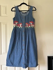 ModCloth Dress By Dangerfield Denim And Embroidered Mushrooms Pockets Size 6