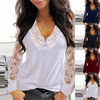 Womens Lace Casual Loose Shirt V-Neck Tops Mesh Sexy Long Sleeve Ladies Blouse