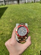 Invicta Pro Diver Gold Metal Band Wristwatch Red Gold Bezel Black Dial Date