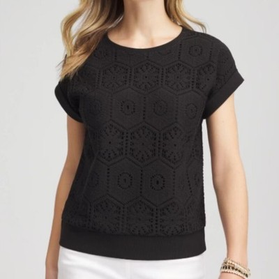 NWT Chico's Size 1 M 8-10 Black Crocheted Cotton Short Sleeve Ribbed Hem Shirt