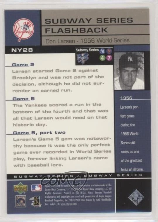 2000 Upper Deck Subway Series Don Larsen #NY28 - Image 2 of 2