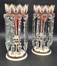 Antique PAIR CRANBERRY CUT OVERLAY MANTLE LUSTRES, Bohemian, 13