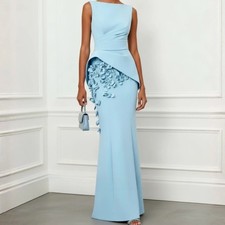 Light Blue Draped Sheath Gown 3D Floral Applique Mermaid Formal Evening Dress