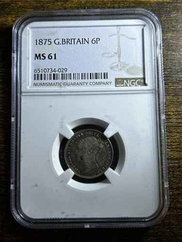 1875 Great Britain Silver 6P Sixpence NGC MS 61 Rotated Die Error #157