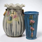 Antique Weller Pottery Louella Ruffled Blue Drapery Roses Bag Vase 2pc Lot