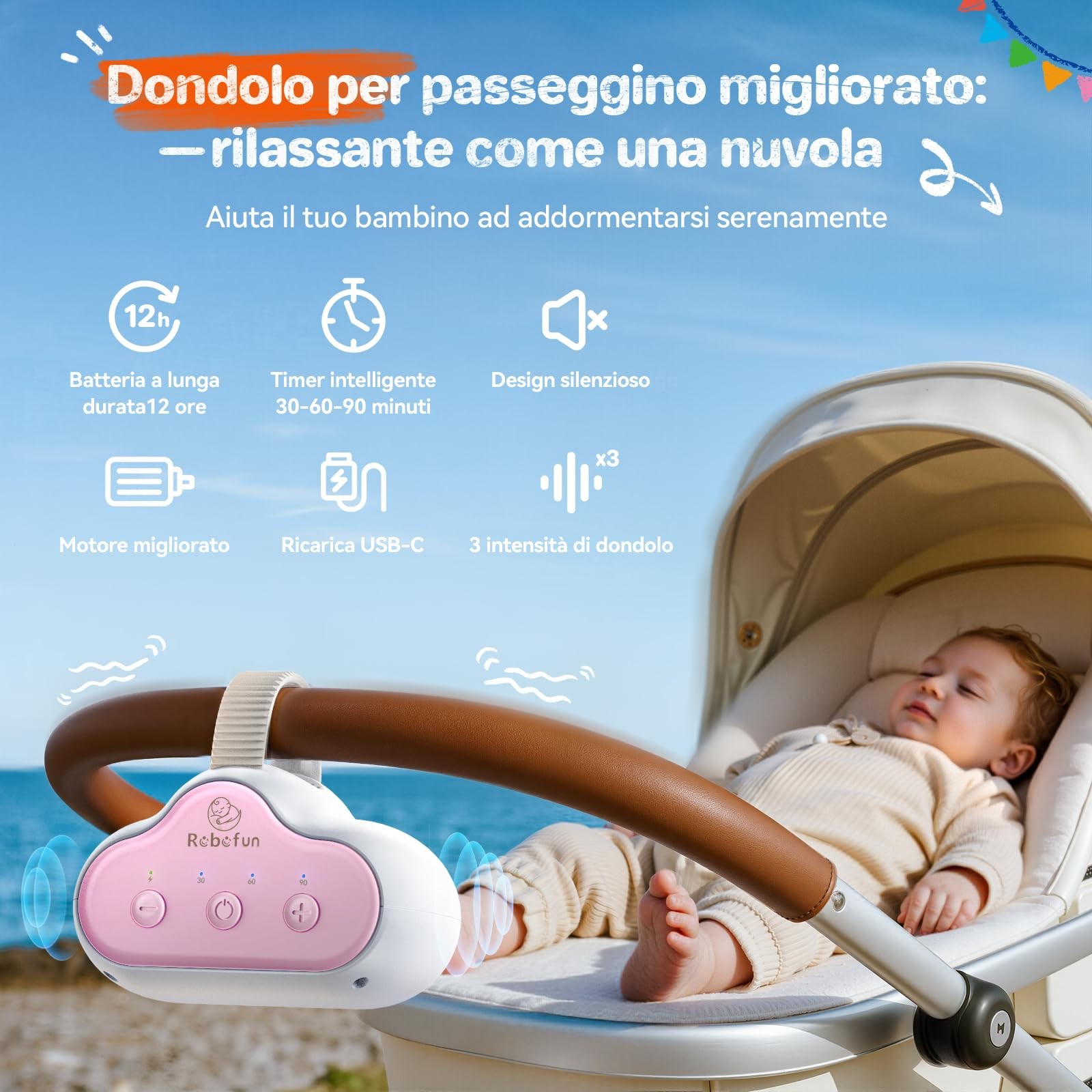 Dondolo Automatico per Passeggino Dispositivo Elettrico Portatile con Timer foto 2