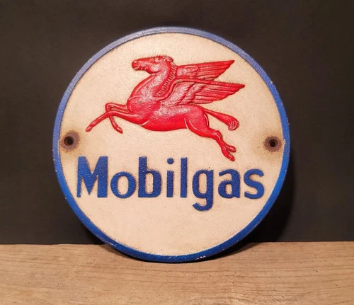 Antique Vintage Style Cast Iron Round Mobile Gas Oil Sign Plaque