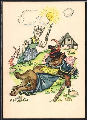 Künstler-AK Indanthren, Harms, Der Wolf und die sieben Geisslein, Der Wolf ist  