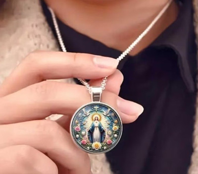 Silver Mary Saint Our Lady Virgin Medal Pendant Mother of God chain necklace