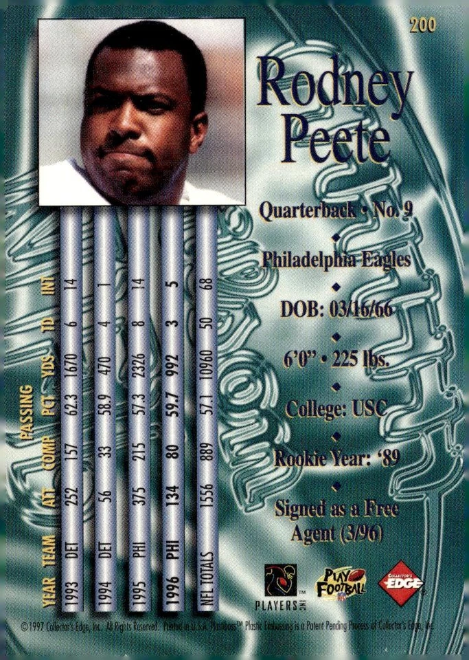 1997 Collector's Edge Masters #200 Rodney Peete Retail - Image 2 of 2