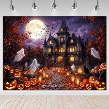 Halloween Castle Backdrop - Spooky Pumpkin Halloween Night Party Background, ...