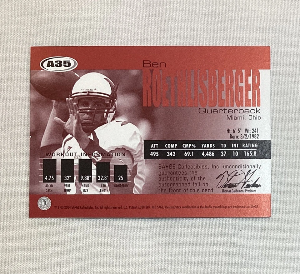 BEN ROETHLISBERGER RC 2004 SAGE PLATINUM SIGNED AUTOGRAPH ROOKIE CARD AUTO /20 - Image 2 of 2