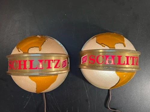 Vintage Schlitz Beer Globe Wall Lights Pair Bar Tavern Advertising Lamps Rare