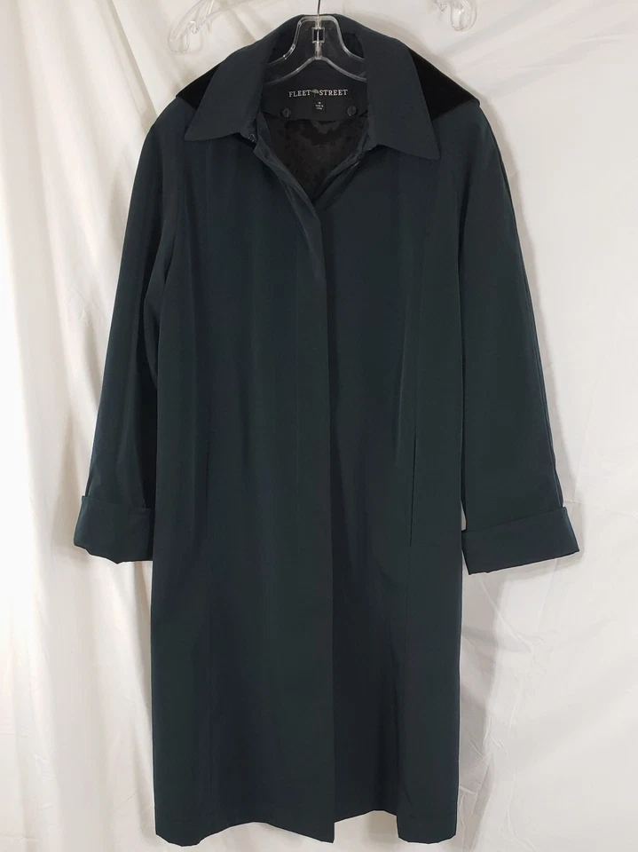 Women's Fleet Street Long Trench Coat Size 16 Green Vtg. Lined Pockets Buttons - Image 2 of 4