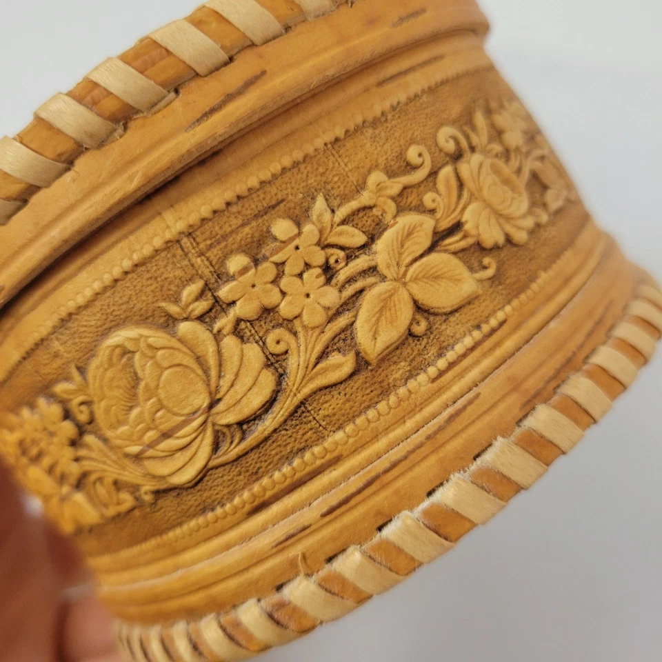 Caja de baratija redonda vintage de corteza de abedul talla floral recuerdo organizador de joyas Foto 3 de 4