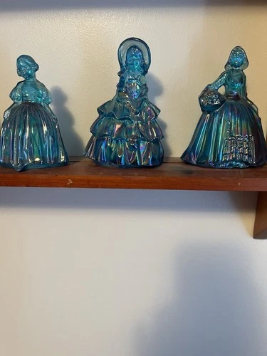 Fenton Blue Carnival Glass Lady Figurines Set of 3 Decorative Collectible