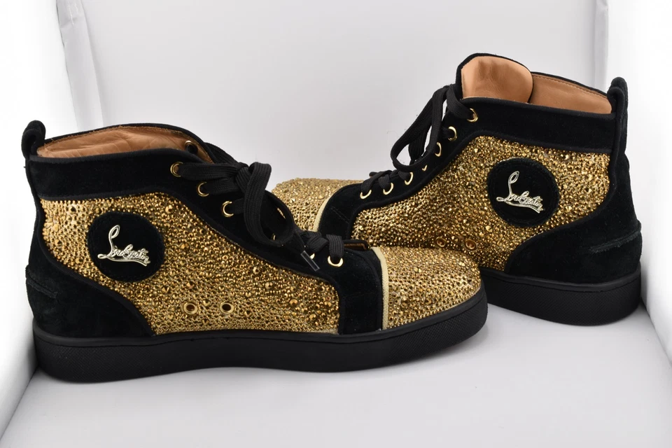 Christian Louboutin Louis High Strass Gamuza Zapatillas Dorado Negro Cuero EE. UU. 8.5 Foto 2 de 4