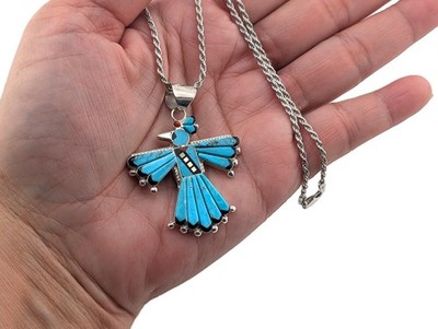 Zuni Donnervogel Inlay Anhänger blau türkis Indianer Am Schmuck 18'' Seil Kette