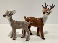 Holiday Plush Felt Deer Gray Brown White Hanging Christmas Decor - Set of Two