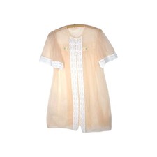 Vintage 60s Sheer Tan Robe Ruffle Lace Daisy Applique Retro Lingerie Nylon Mesh