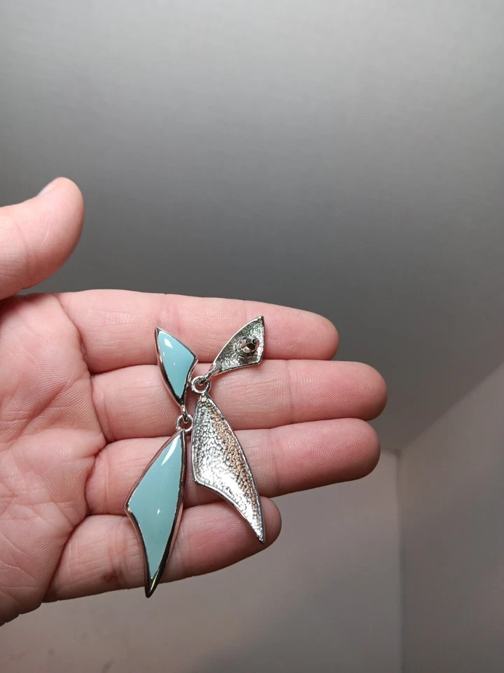 Boho vintage MCM Drop Earrings Turquoise And Silver Enamel - Image 3 of 3