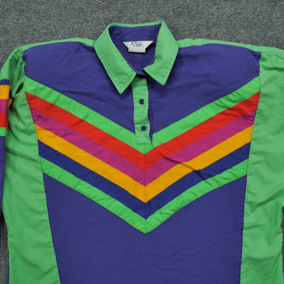 Camisa Roper Vintage Mujer Grande Verde Púrpura Cuello Occidental Años 80 90 Foto 2 de 4