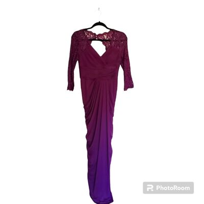 Adrianna Papell Purple Formal Lace Sleeved Gathered Gown Dress