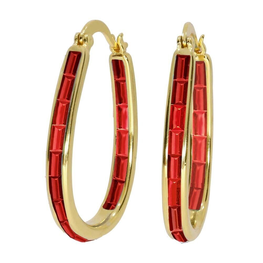 Baguette Simulated Red Ruby Women's Stunning Hoop Earring 14k Yellow Gold Plated