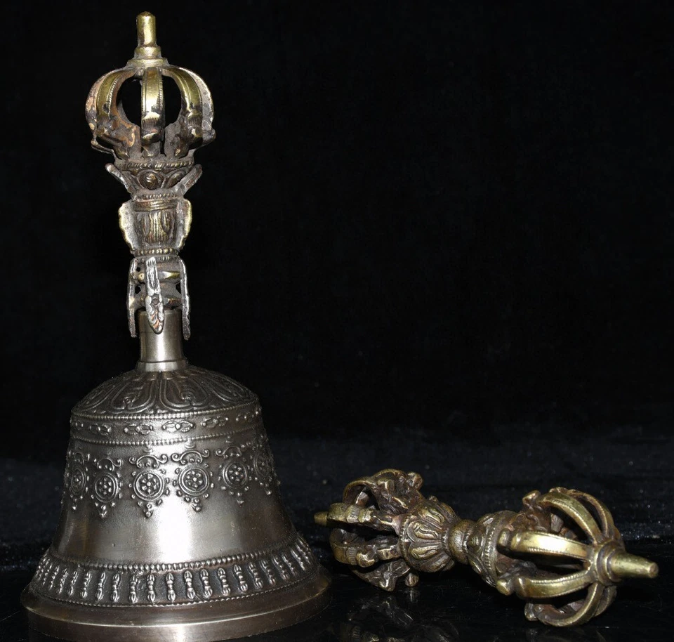 8" Old Tibetan Meteorite Copper Gilt Phurba Dagger Holder Bell Box - Image 3 of 4