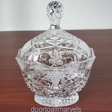 Cut Lead Crystal Covered Cookie Jar Oval VTG Bohemian Grapes Motif Uncommon