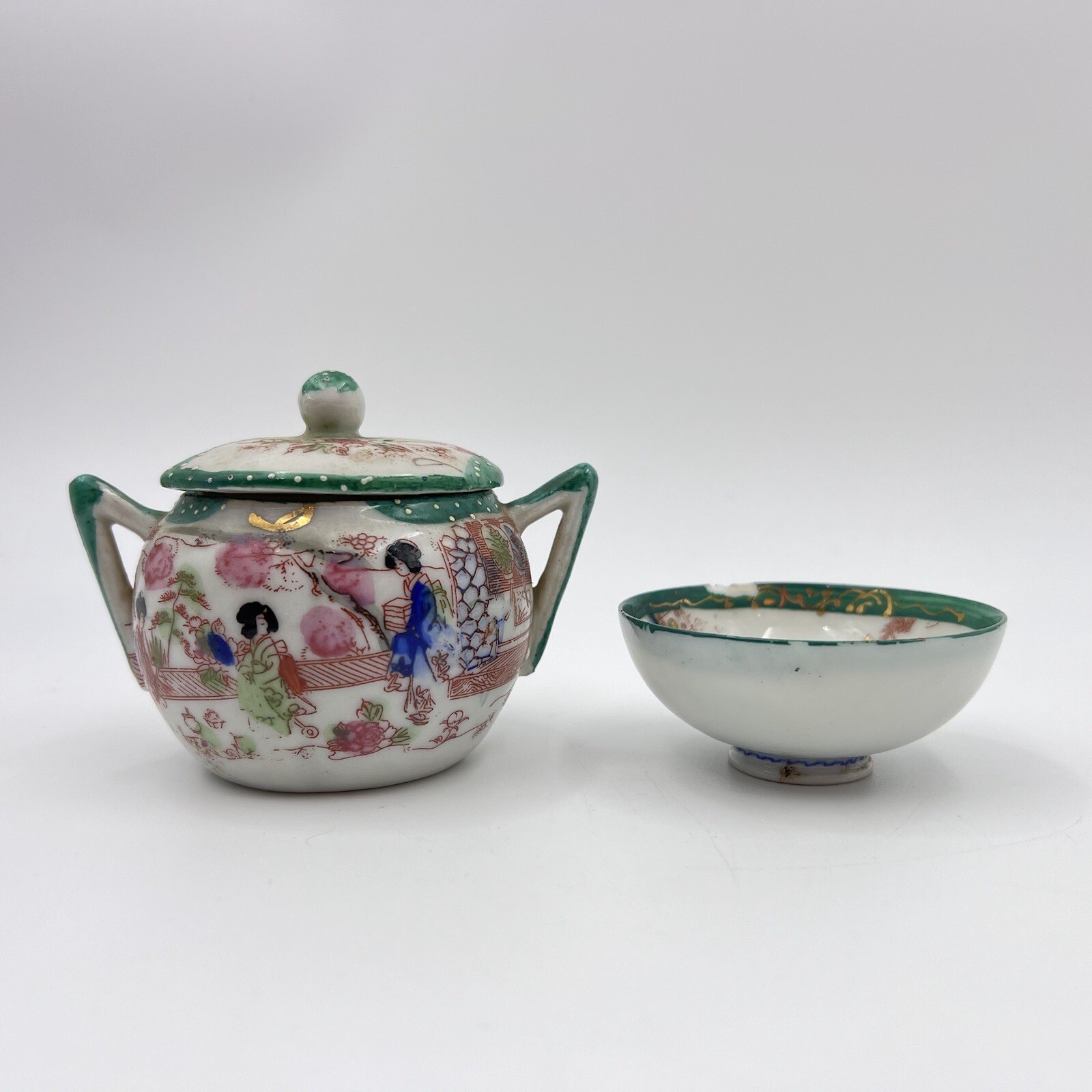 Hand Painted Japan China River Scene Set Of 2 Dishes Creamer Sugar Small Bowl