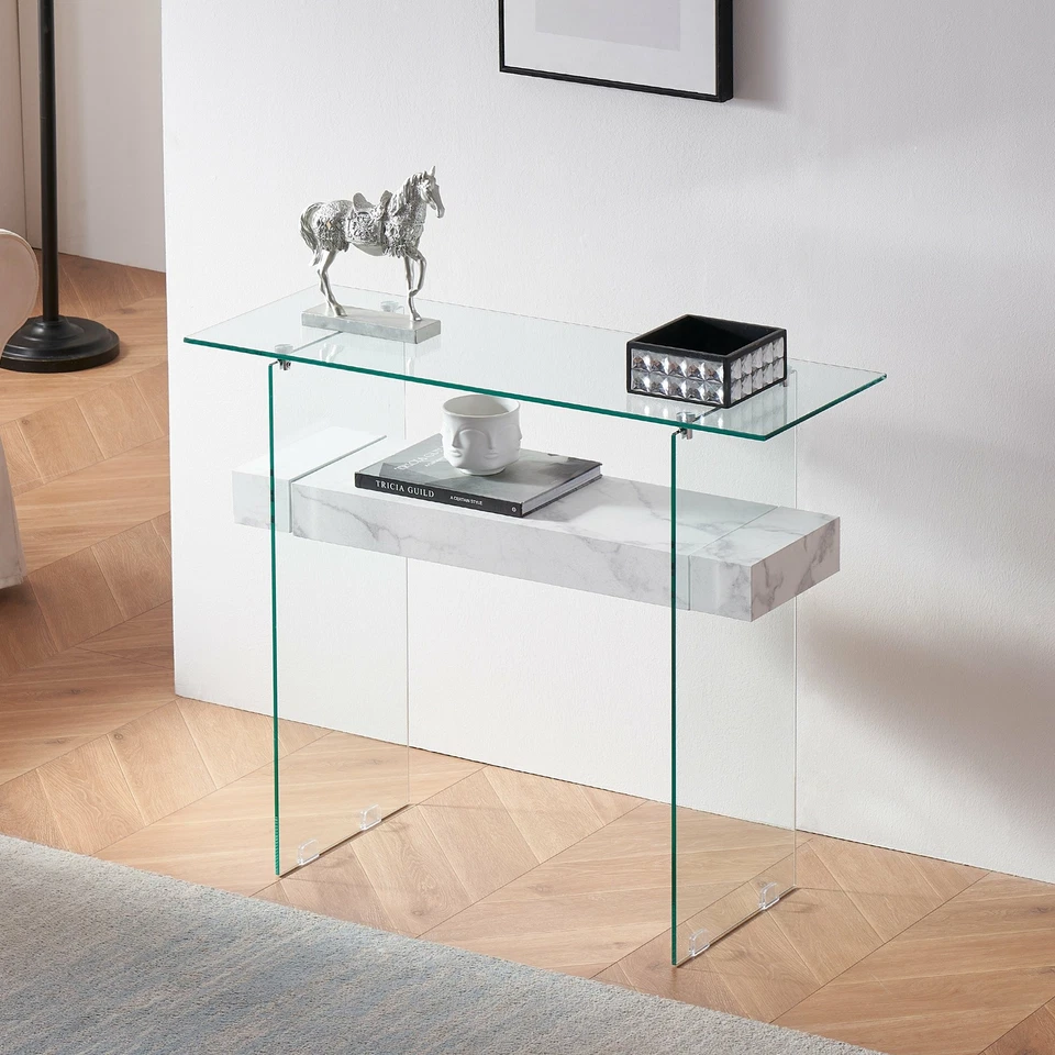 Ivinta Narrow Glass Console Table with Storage Wood Shelf Entryway Sofa Table - Image 2 of 4