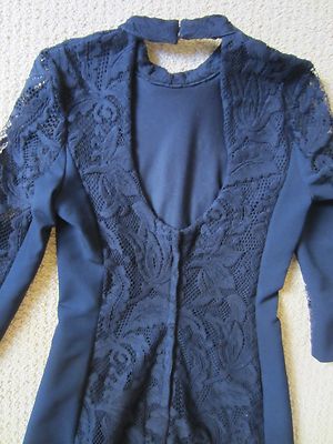 h&m navy blue lace dress WOMEN'S H&M NAVY BLUE LACE 3/4 SLEEVE FITTED EMBROIDERED DRESS SIZE 6 US 36  EUR
