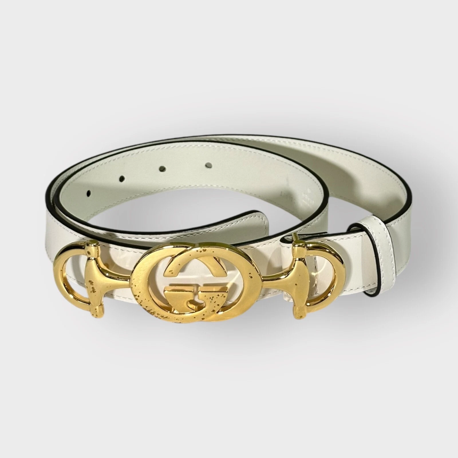 Authentique ceinture Gucci Zumi Horsebit cuir ivoire boucle dorée taille 80/32