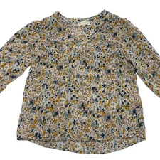 Cynthia Rowley Top Womens X Small Blue Yellow Ditsy Floral V Neck Tie Sleeve