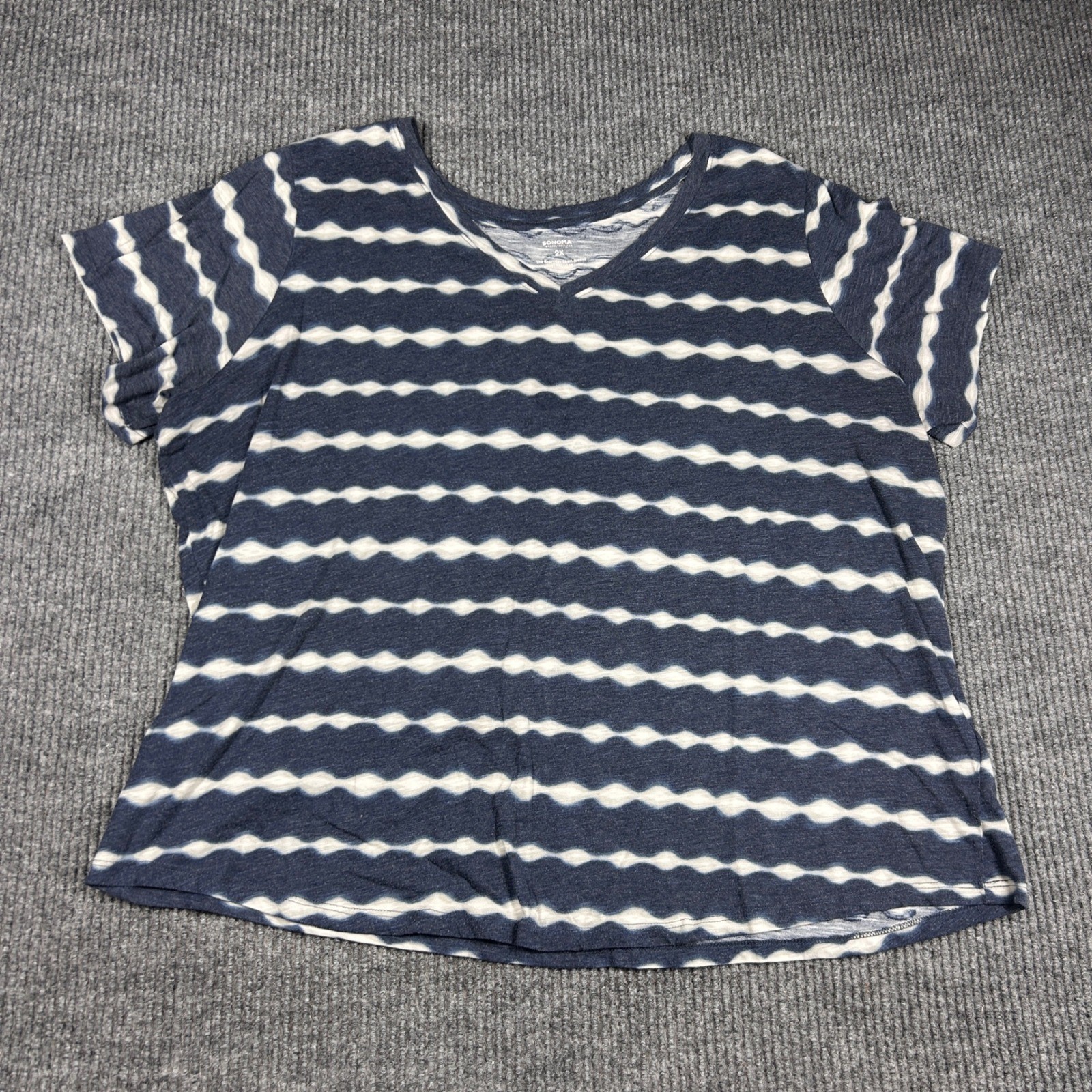 Sonoma Shirt Womens 2X Goods For Life Blue White Striped V-Neck Short Sleeve