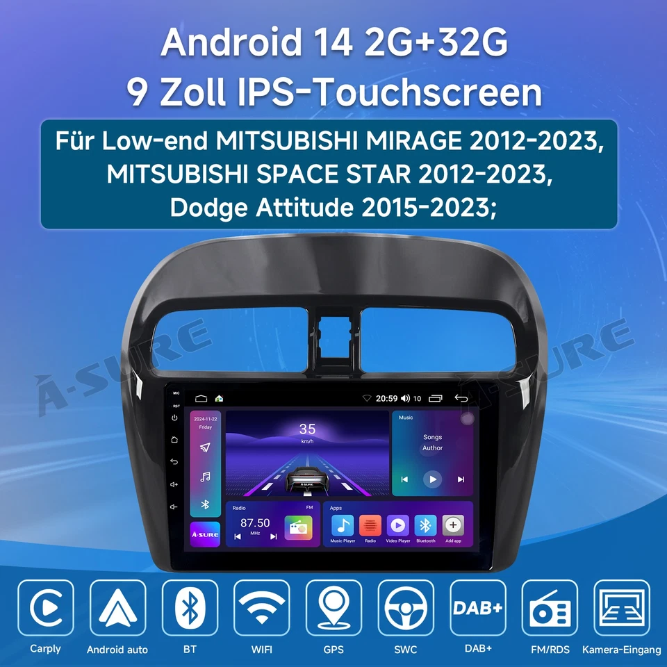 Für Mitsubishi Mirage Space Star Autoradio Apple CarPlay Android 14 GPS Navi 32G - Bild 2 von 4
