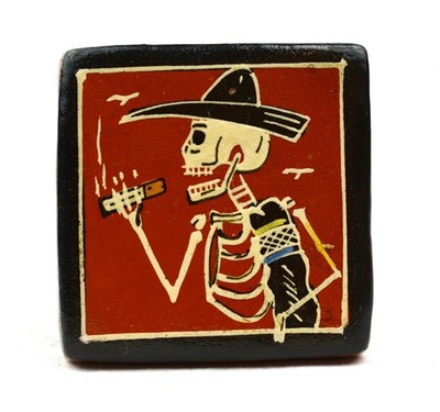 Javier Ramos Lucano Tonala Mexico Skeleton Folk Art Tile Day of Dead 3''x3''