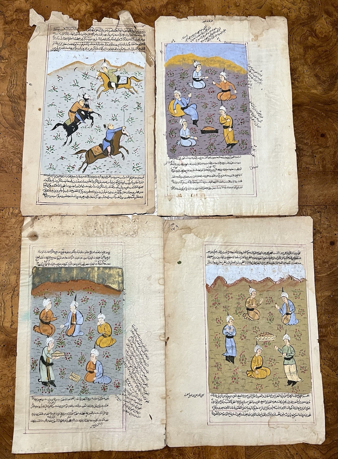 Lot of 4 Original Indo-Persian Illuminated Manuscript Pages, Miniature Paintings