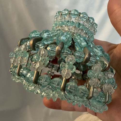 Vintage Safety Pin Art Beaded Lamp Shade Aqua & Clear 3.25”t Excellent!
