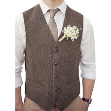 Men's V-Neck Suit Vests Slim Fit Casual Business Formal Herringbone Tweed Woo...