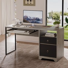 Bestier 55 Inch Office Desk, Modern Fluted Design, Grey or Natural Oak, Spacious
